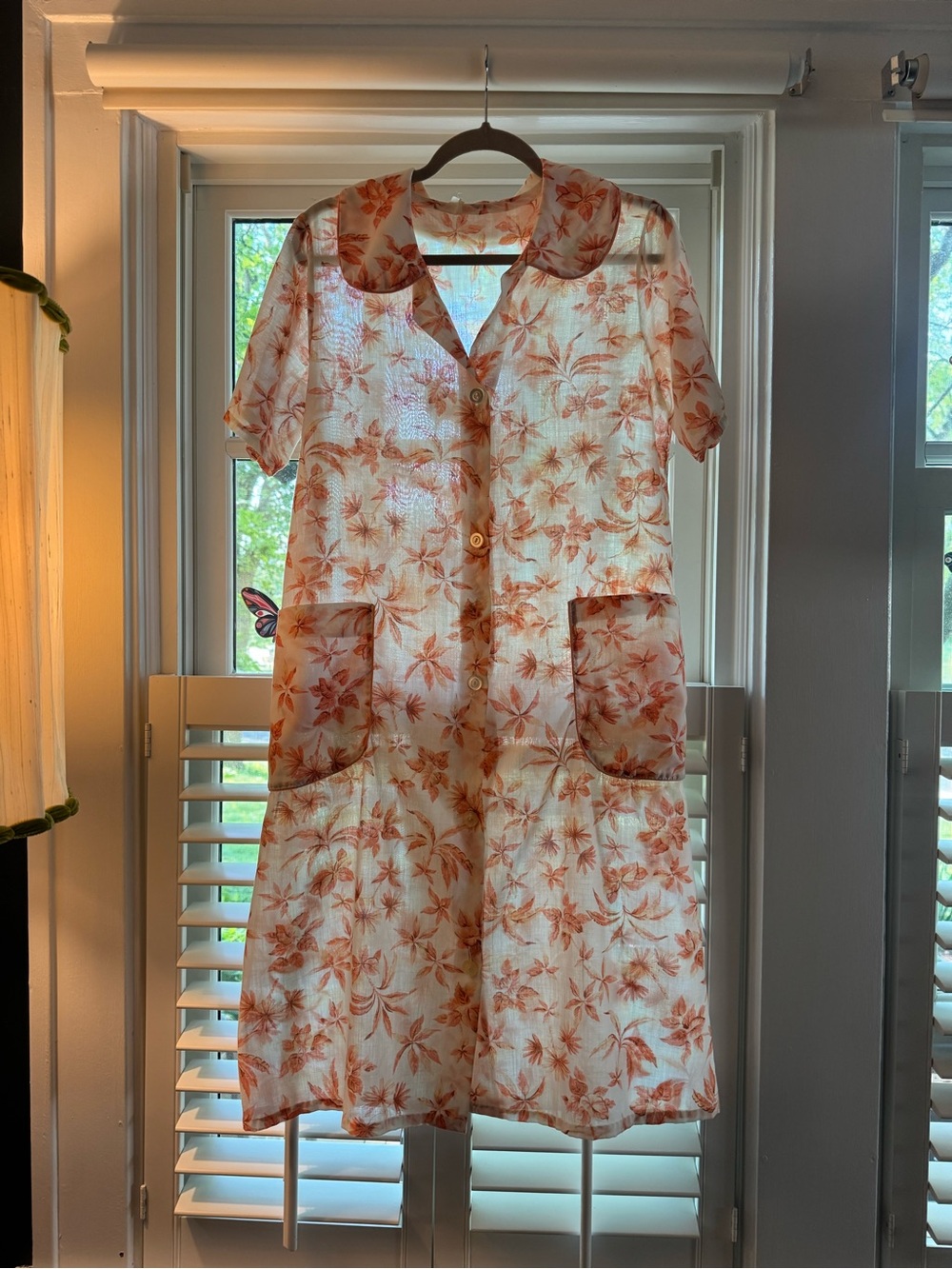 Vintage 70s-style housecoat/duster Button-Front Dress in Rust Floral